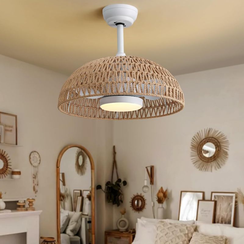 Photo 1 of 20" Boho Caged Ceiling Fan with Light Remote Control, Woven Rattan Ceiling Fan, Farmhouse LED Dimmable Smart Fandeliers for Bedroom Living Room Kitchen
