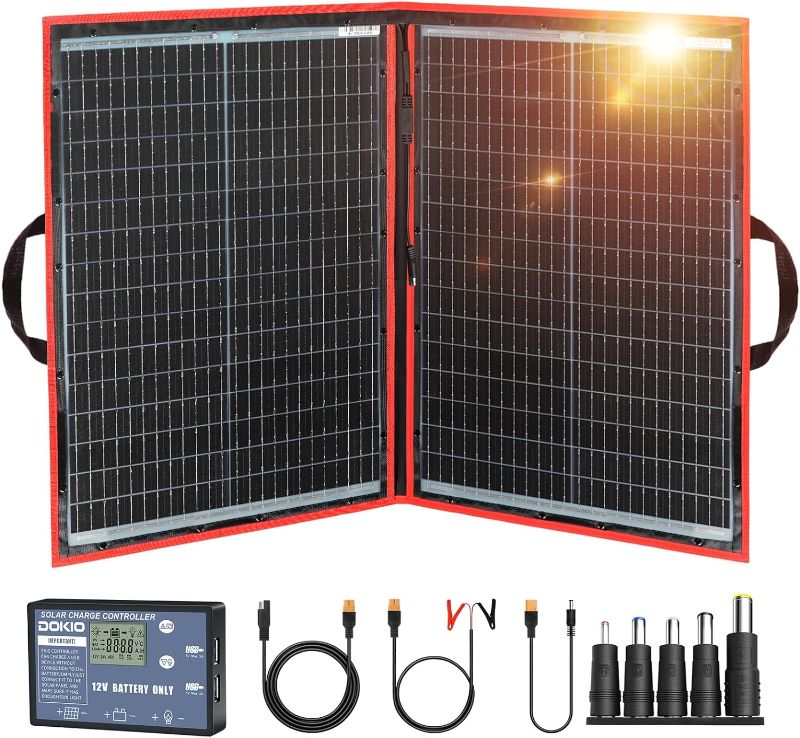 Photo 1 of ****MISSING CHARGER**** 
DOKIO 110w 18v Portable Foldable Solar Panel Kit (21x28inch, 5.9lb),Solar Controller 2 USB Output to Charge 12v Batteries/Power Station (AGM, Lifepo4) Rv Camping Trailer Emergency Power
