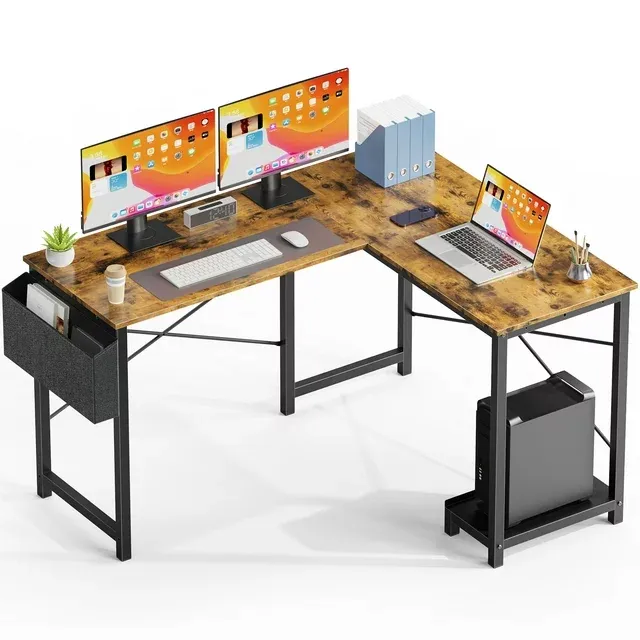 Photo 1 of 49 Inch L-Shaped Computer Desk for Home and Office, Rust Brown