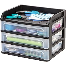 Photo 1 of IRIS USA Medium 3-Drawer Desktop Organizer with Open Tray Top, 1 Pack, Plastic Drawer Storage Container for Stationery Art Craft Supplies Kitchen Office Garage and Small Business Organization, Black
