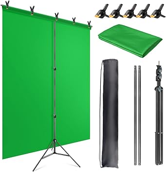 Photo 1 of 5X6.5ft Green Backdrop Kit with T-Shape Stand, Portable Green Screen Background Support Stand Kit with Carrying Bag & Clamps for Streaming, Video, Zoom
