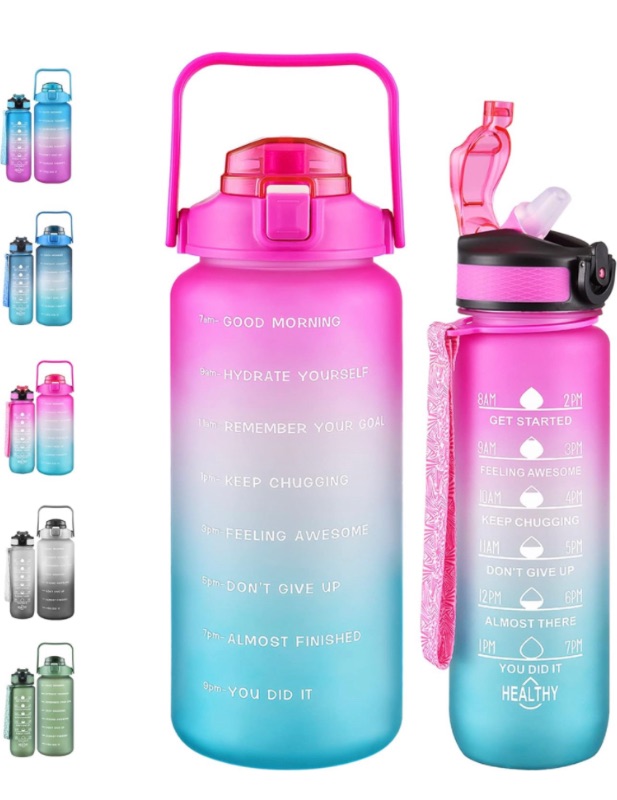 Photo 1 of 2 Pack Motivational Water Bottle, 27 oz & 64 oz Water Bottle with Times to Drink, Leakproof & BPA Free, Half Gallon Water Bottle with Straw for Office, Gym and Workout