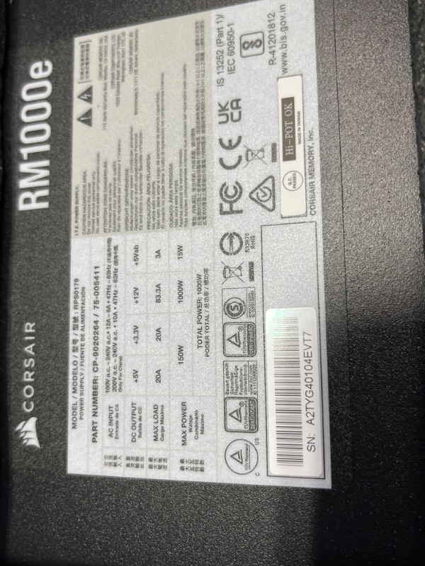 Photo 5 of Corsair RM1000e (2023) Fully Modular Low-Noise ATX Power Supply - ATX 3.0 & PCIe 5.0 Compliant - 105°C-Rated Capacitors - 80 Plus Gold Efficiency - Modern Standby Support - Black Black 1000 Watt RMe (2023) ATX 3.0 & PCIe 5.0