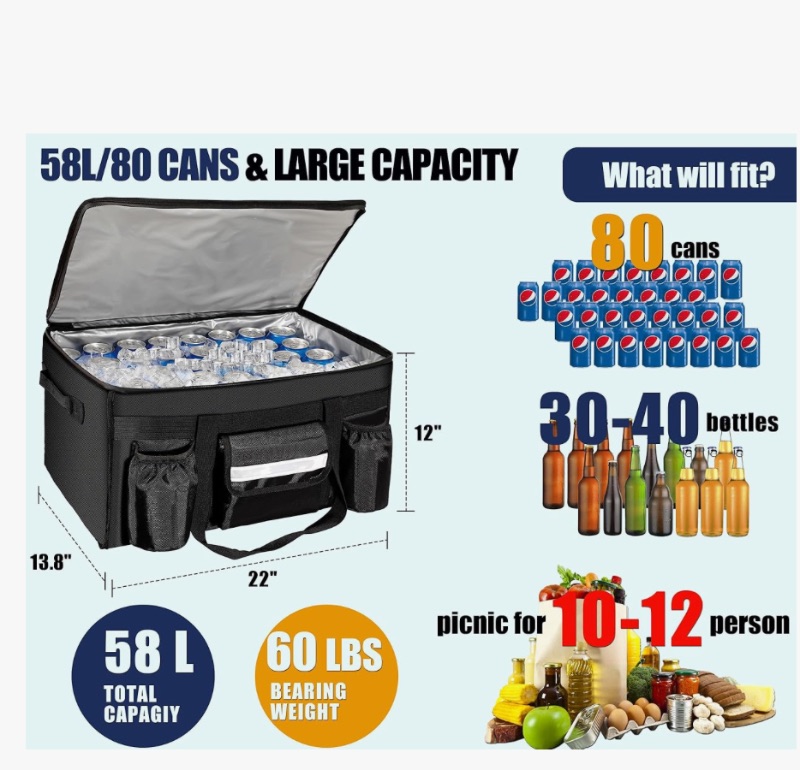 Photo 1 of 
80 Cans Insulated Cooler Bag for Food & Pizza Delivery Bag Suitable for Car, Bike, Camping, Picnic, Beach