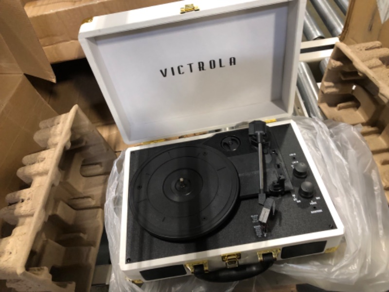 Photo 3 of Victrola Vintage 3-Speed Bluetooth Portable Suitcase Record Player with Built-in Speakers | Upgraded Turntable Audio Sound| White (VSC-550BT-WH) White Record Player