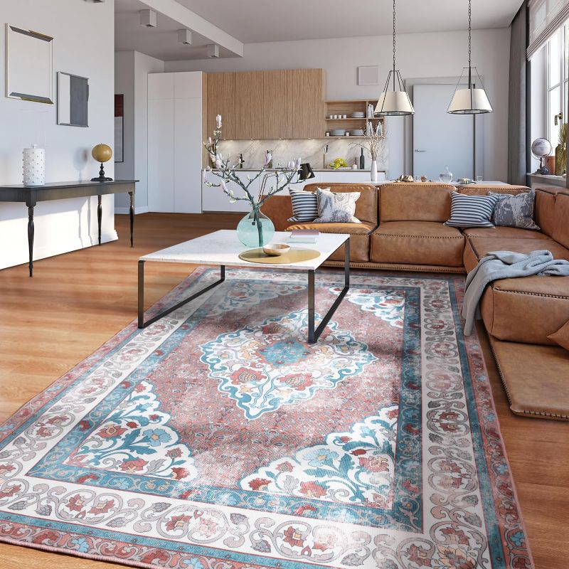 Photo 1 of Living Room Rug 5x8 Area Rug for Bedroom Antique Red Floral Rug with Soft Memory Foam Layer Flower Rug No-Pile Carpets for Nursery Room Kids Room Dorm

