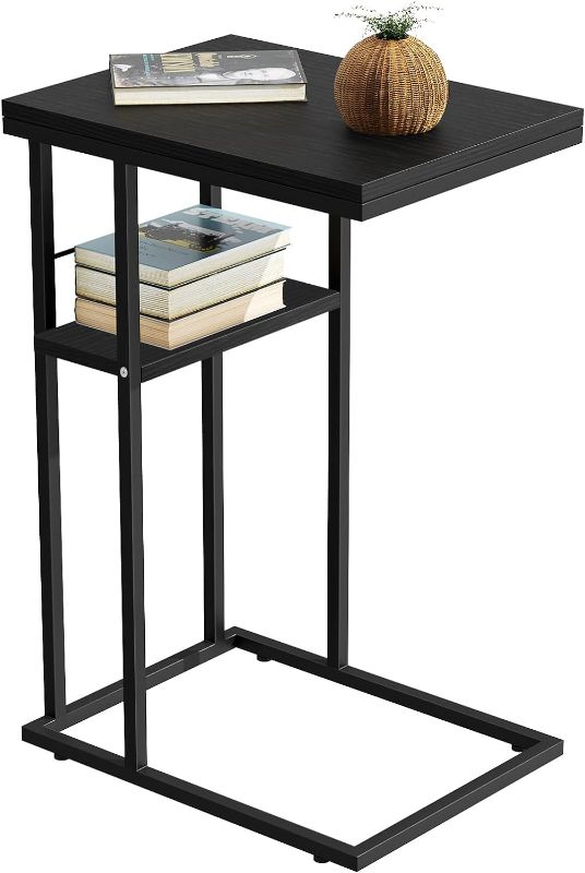 Photo 1 of C Shaped End Table, Side Table for Sofa Couch and Bed, Small Side Table with Metal Frame for Small Spaces, Living Room, Bedroom, Snack Table (Black)
