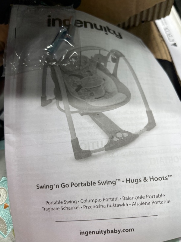 Photo 1 of Ingenuity 5-Speed Portable Baby Swing with Music, Nature Sounds & Battery-Saving Technology - Hugs & Hoots, Swing 'n Go, 0-9 Months Hugs and Hoots