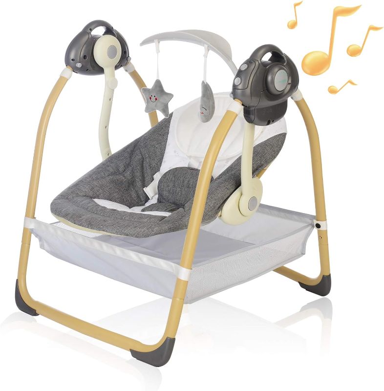 Photo 1 of Baby Swings for Infants, Portable Swing for Baby with 6 Motions, Compact Baby Swing with Music, Sounds, Timing, Baby Rocker with 2 Toys, Plush Seat & Soft Head Support, Machine Washable Fabric (Grey)