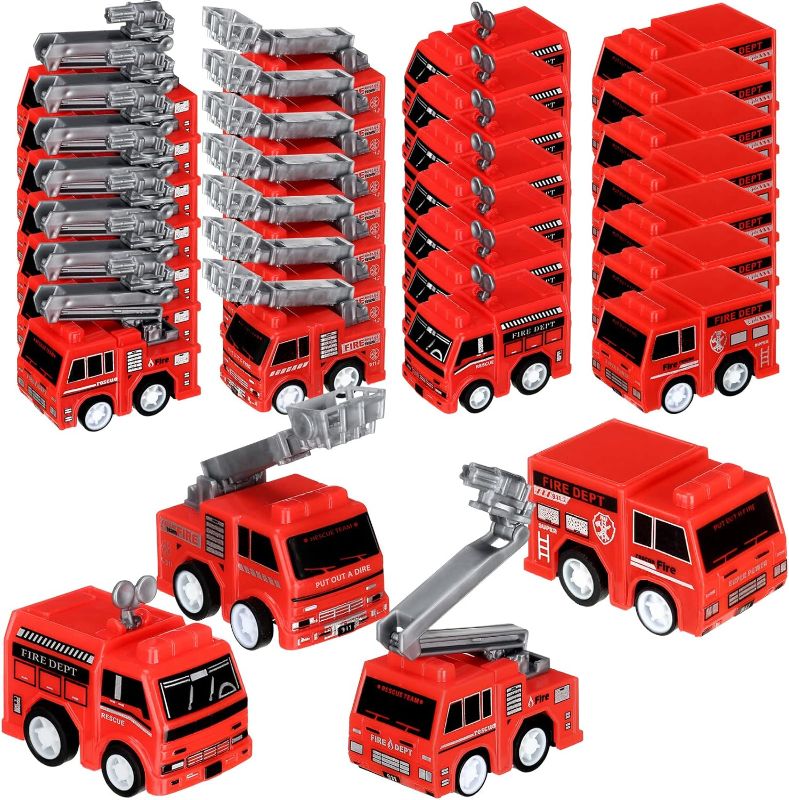 Photo 1 of 48 Pcs Mini Pullback Fire Truck Toy Small Pull Back Firetruck Plastic Fire Engine Toy Trucks Firefighter Birthday Party Supplies, Fireman Favors Goodie Bag Fillers, 4 Styles