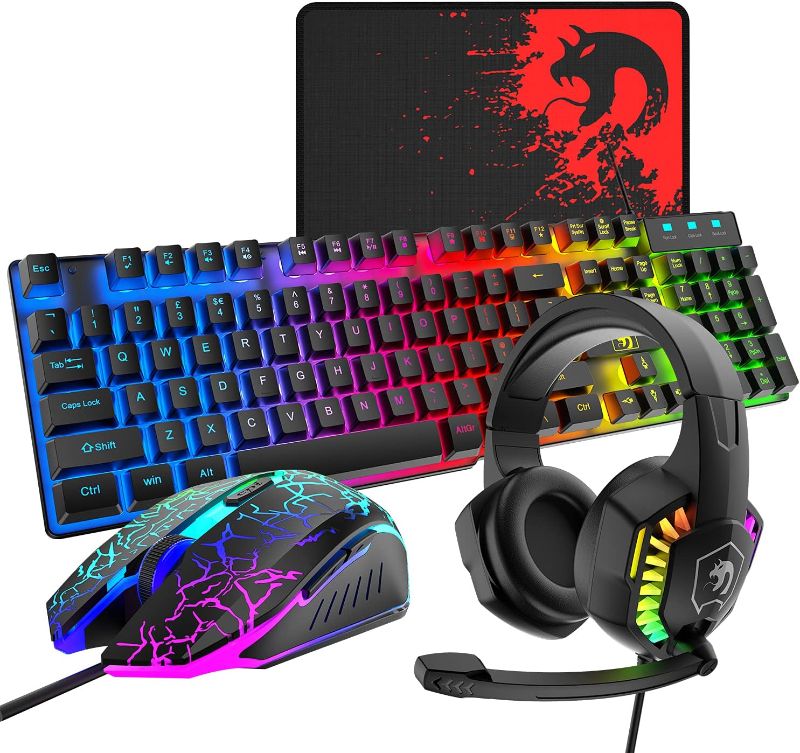 Photo 1 of Wired Gaming Keyboard and Mouse Headset Combo, Rainbow LED Backlit Wired Keyboard, Over Ear Headphone with Mic, Rainbow Backlit Gaming Mice, Mouse Pad, for PC,Laptop,Mac,PS4,Xbox(Black)