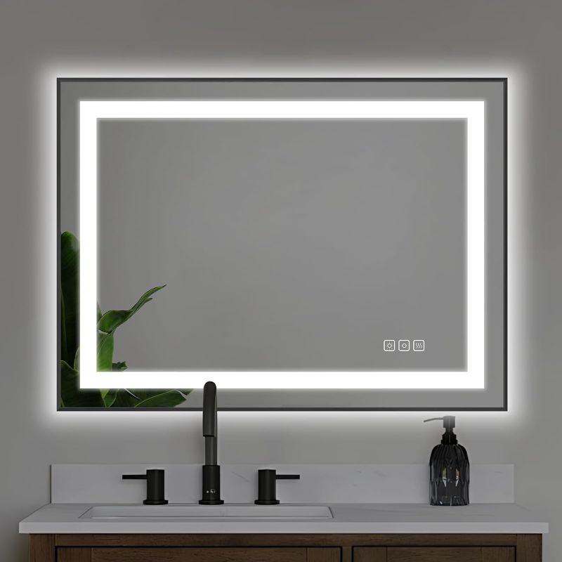 Photo 1 of 20x28 LED Bathroom Mirror, Backlit and Frontlit Dimmable Rectangle Vanity Mirror, Anti-Fog (Auto Off), Memory, Black Framed Wall Mirror with Lights for Bedroom Cloakroom Hair Salon