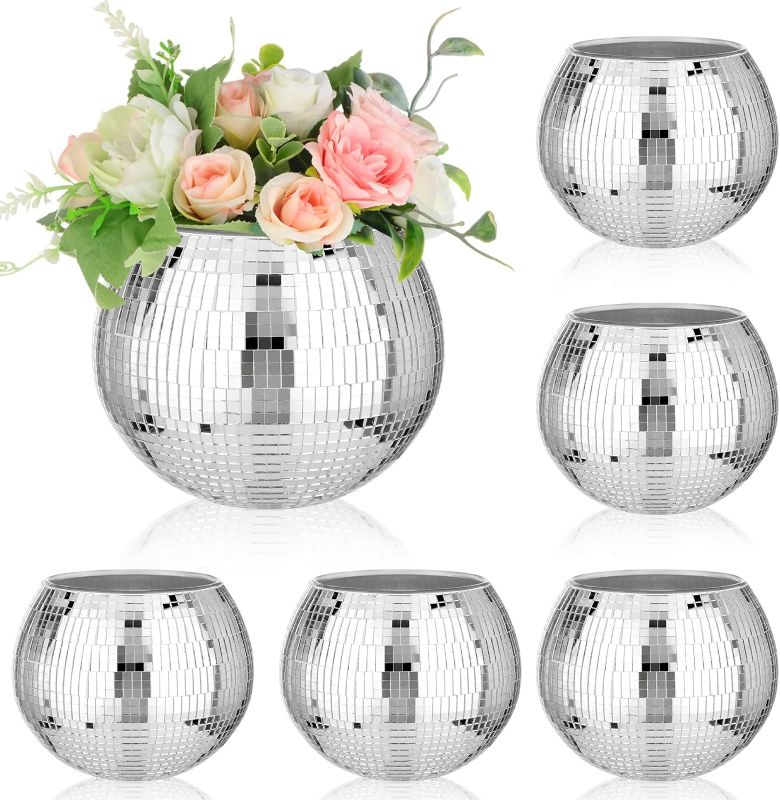 Photo 1 of 6 Pieces Disco Ball Flower Vase Mirror Disco Ball Glass Vase Disco Ball Planter Candle Holder Glass Vase Bulk for Wedding Centerpieces Bedroom Kitchen Office Decoration Birthday (Silver, 5 x 6 Inch)