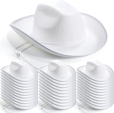 Photo 1 of 22 Pcs White Cowboy Hat Western Plain Cowboy Hats with Adjustable Neck Draw String for Adult Wide Brim Plain Cowgirl Hat Cowboy Hat for Women Men Play Costumes