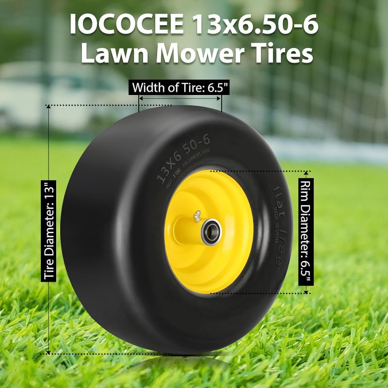 Photo 1 of 13x6.50-6 Lawn Mower Tires with 3/4" & 1/2" & 5/8" Bearing, 13x6.50-6 Tires Flat Free for Zero Turn Lawn Mower, 13x6.50-6 Flat Free Tire for Commercial Grade Lawn, Garden Turf, 5.5"-7.5" Centered Hub