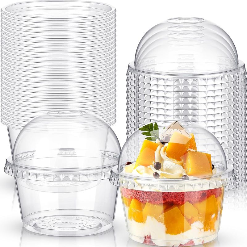 Photo 1 of 150 Pack 8 oz Disposable Clear Plastic Cups with Dome Lids Disposable Parfait Cups Plastic Cups with Lids Clear Plastic Cups Dessert Fruit Cups for Party Wedding Picnic Iced Cold Drinks