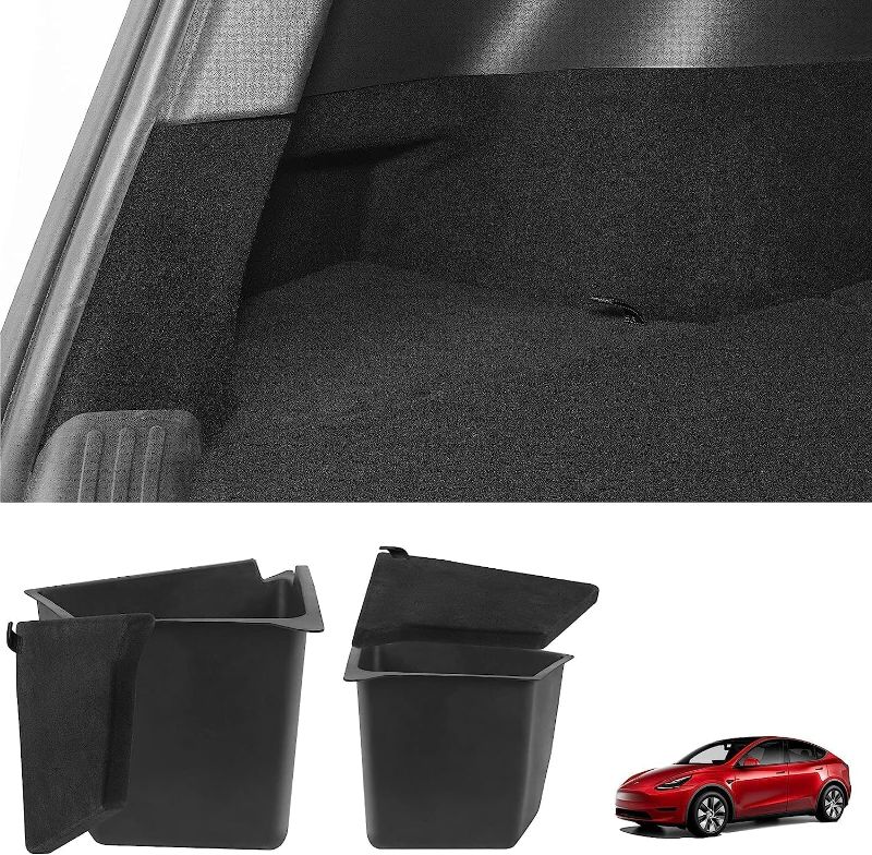 Photo 1 of 2022-2024 Tesla Model Y Trunk Organizer Waterproof Rear Trunk Storage Bins Side Box with Carpeted Lip Interior Accessories Set of 2 for Model Y 5-Seater