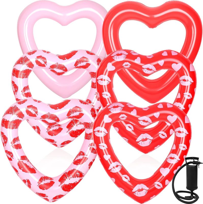 Photo 1 of 6 Pieces Valentine's Day Inflatable Swim Rings Heart Pool Float gaint Adults Heart Shaped Swimming Pool Floats Tubes for Pool Beach Christmas Holiday Water Fun Beach Bachelorette Party
