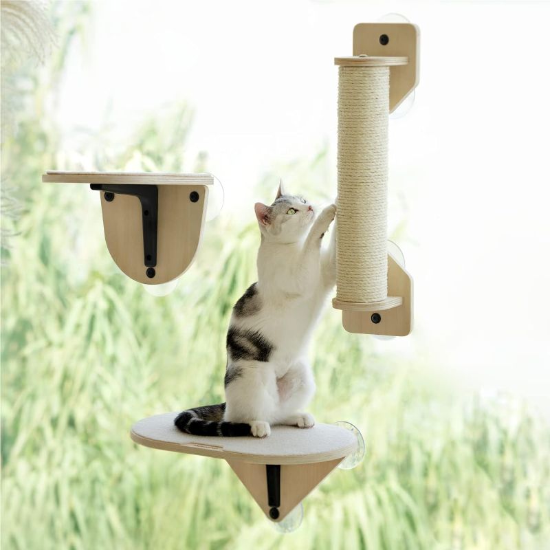 Photo 1 of 
 MEWOOFUN Cat Window Perch Hammock with Climbing Steps and Scratching Post Wooden Window Mounted Cat Bed for Indoor Cats (3 Pcs Cat Climber Set)
