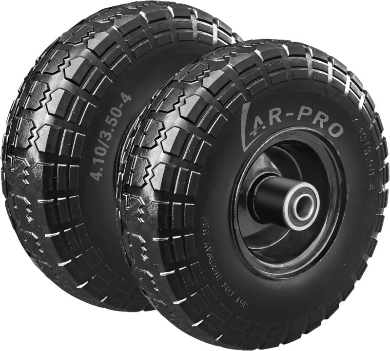 Photo 1 of 2-Pack) 10-Inch Solid Rubber Tire and Wheels Replacement 4.10/3.50-4" Tire - 5/8" Bearings, 2.2" Offset Hub - Compatible with Garden Wagon Carts,Hand Truck,Wheelbarrow,Dolly and Utility Cart