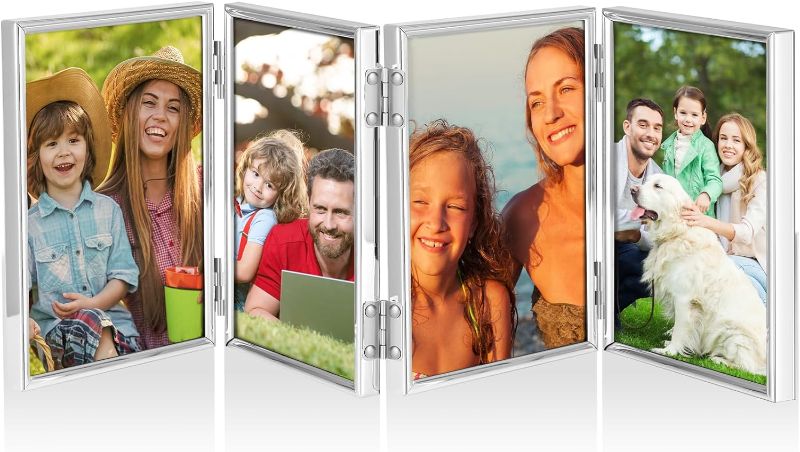 Photo 1 of 4 Folding 8 x 10 Hinged Picture Frame Silver Metal Folding Picture Frames Collage Picture Frame with Glass Rustic Desktop Hinged Photo Frame for Family Wedding Birthday Christmas Lover