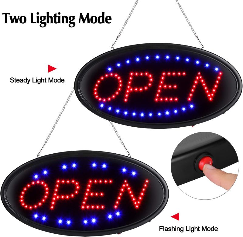 Photo 1 of LED Open Sign, FITNATE Ultra Bright Electric Light Up Signs for Business, Timing Function, 2 Lighting Modes Flashing & Steady Advertisement Board for Store, Bar, Hotel, Cafe (19x10 inch) 19x10" Oval