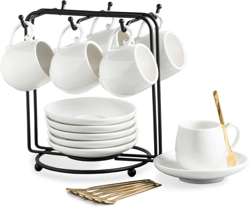 Photo 1 of *VERY SMALL* LYEOBOH Espresso Cups with Saucers Set, 3 Ounces Coffee Cups with Metal Stand and Spoons, Ceramic Cappuccino Coffee Cups Demitasse Cups for Espresso, Latte, Cafe Mocha and Tea, Set of 6, White