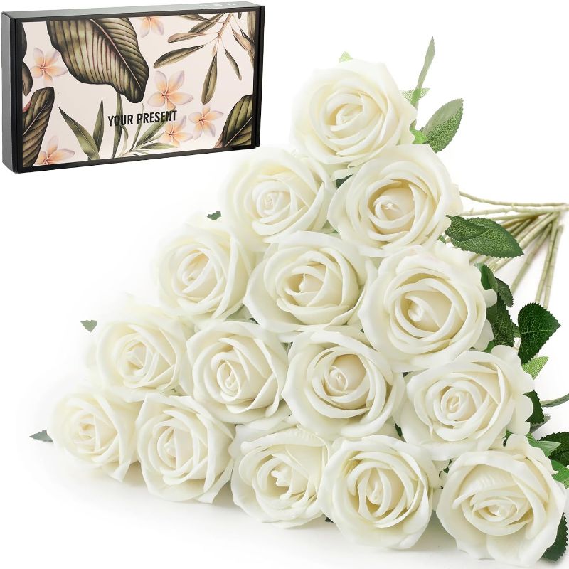 Photo 1 of 15Pcs Small Artificial Roses Velet Real Touch Single Stem Fake Roses Silk Realistic Flowers Arrangements Home Office Party Wedding Decoration (Pearl Roses, White 15p