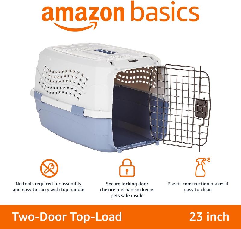 Photo 1 of Amazon Basics - 2-Door Top-Load Hard-Sided Dogs, Cats Pet Travel Carrier, Gray & Blue, 22.8"L x 15.0"W x 13.0"H