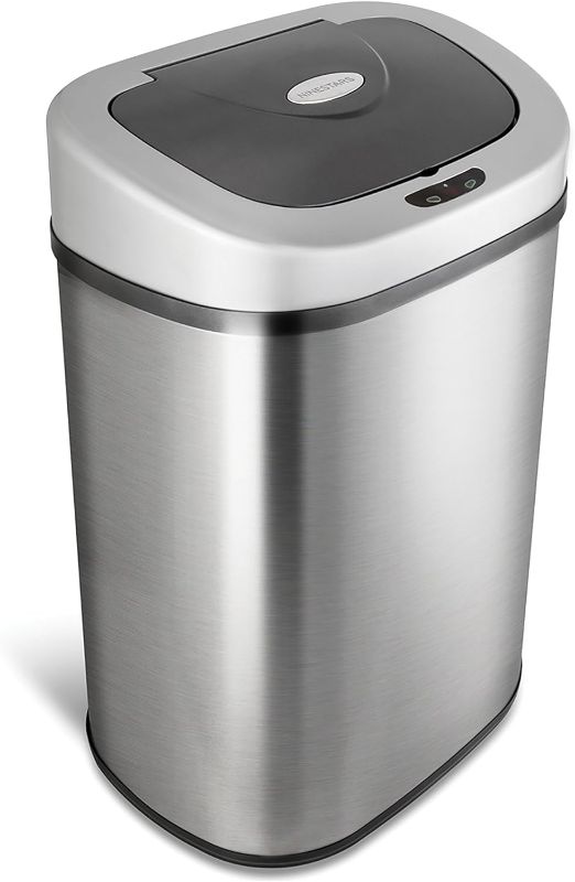 Photo 1 of ***LID DOESNT FIT PROPERLY*** 

NINESTARS Automatic Touchless Infrared Motion Sensor Trash Can with Stainless Steel Base & Oval, Silver/Black Lid, 21 Gal