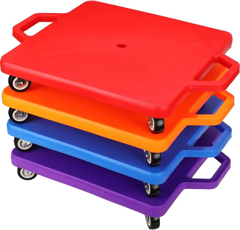 Photo 1 of 20.8"L x 15.7"W Floor Scooter Board with Handles, Set of 4, Plastic Gym Scooter for Kids, Sports Scooter Board, Sit and Spin for Children Indoor Outdoor Activities (Red, Orange, Blue, Purple)