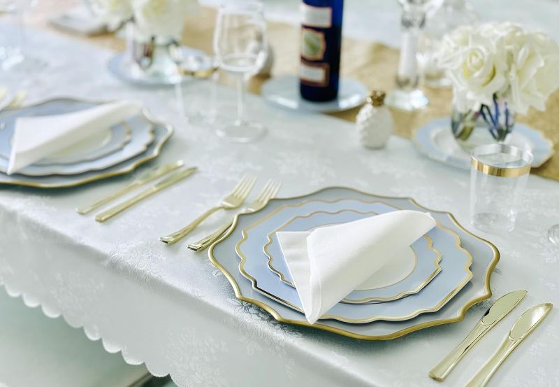 Photo 1 of " OCCASIONS " 50 Plates Pack (25 Guests)-Heavyweight Wedding Party Disposable Plastic Plate Set -(25x10.5'' Dinner + 25x8'' Salad/dessert (Imperial in White/Blue & Gold)