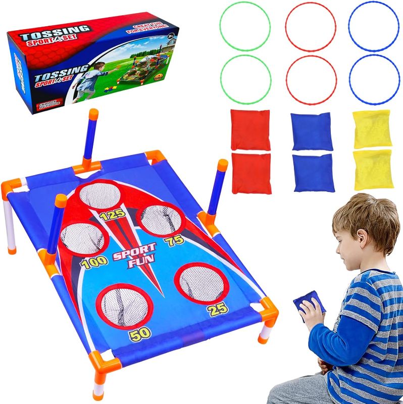 Photo 1 of Bean Bag Toss Game for Kids, Kids Cornhole,with 6 Sandbags 6 Rings,Suitable for Children Aged 3-8,Portable Indoor and Outdoor Bean Bag Toss Game Set Gift