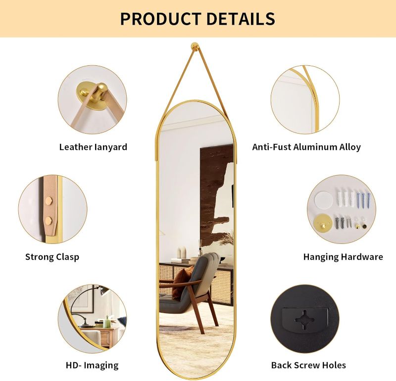 Photo 1 of 16"x48" Gold Arched Full Length Mirror - Modern Aluminum Frame with Hanging Leather Cord - Ideal for Bathroom, Vanity, Living Room, Bedroom, and Entrance Décor - Hanging Floor Mirror