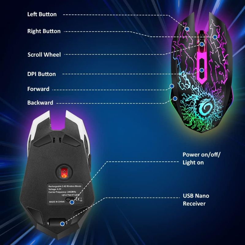 Photo 2 of VersionTECH. Wireless Gaming Mouse, Rechargeable Computer Mouse Mice with Colorful LED Lights, Silent Click, 2.4G USB Nano Receiver, 3 Level DPI for PC Gamer Laptop Desktop Chromebook Mac-Black
