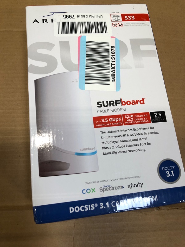 Photo 2 of ARRIS Surfboard S33 DOCSIS 3.1 Multi-Gigabit Cable Modem | Approved for Comcast Xfinity, Cox, Spectrum & More | 1 & 2.5 Gbps Ports | 2.5 Gbps Max Internet Speeds | 4 OFDM Channels | 2 Year Warranty DOCSIS 3.1 Modem Only Router System