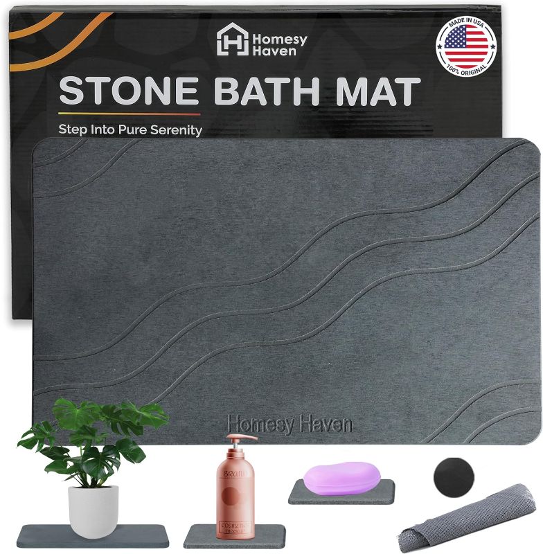 Photo 1 of 4 in 1 Stone Bath Mat - Super Absorbent Diatomite Stone Bath Mat Stone With 2X Soap Dish & 1X Sink Cady for Bathroom - Anti-Slip Stone Shower Mat Easy Clean (23.6*15.7 inches) Dark Grey - Homesy Haven