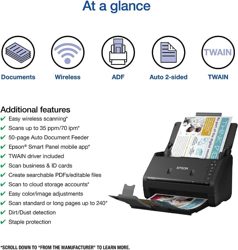 Photo 2 of Epson Workforce ES-500W II Wireless Color Duplex Desktop Document Scanner for PC and Mac, with Auto Document Feeder (ADF) and Scan from Smartphone or Tablet