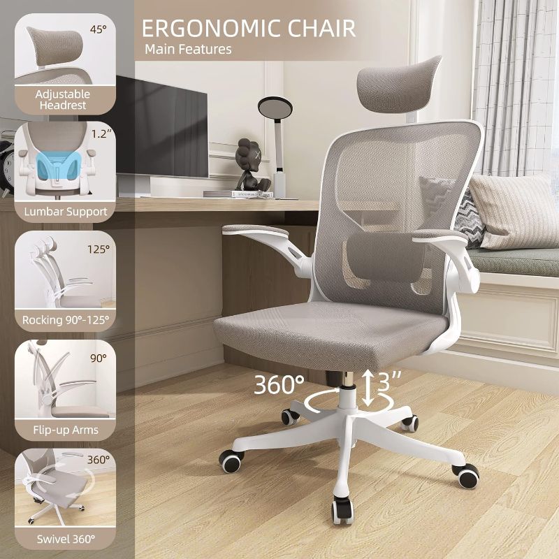 Photo 2 of Ergonomic Office Chair, Office Chair with Lumbar Support & Headrest & Flip-up Arms Height Adjustable Rocking Home Office Desk Chairs Swivel High Back Computer Chair Warm Taupe Mesh Study Chair