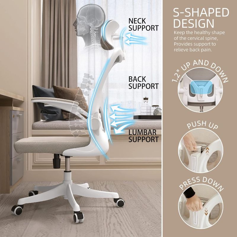 Photo 1 of Ergonomic Office Chair, Office Chair with Lumbar Support & Headrest & Flip-up Arms Height Adjustable Rocking Home Office Desk Chairs Swivel High Back Computer Chair Warm Taupe Mesh Study Chair