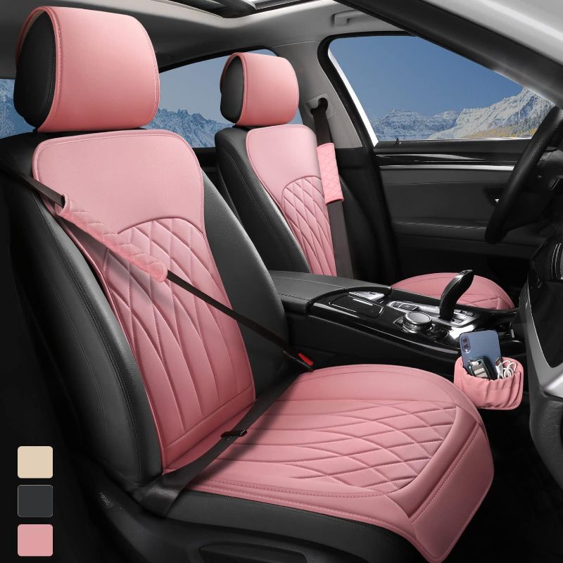 Photo 1 of 2 Pack Leather Front Car Seat Covers, Universal Sideless Car Seat Protectors with Storage Pocket and Seat Belt Pads, Waterproof Automotive Seat Cover for Cars Trucks SUV(Pink)