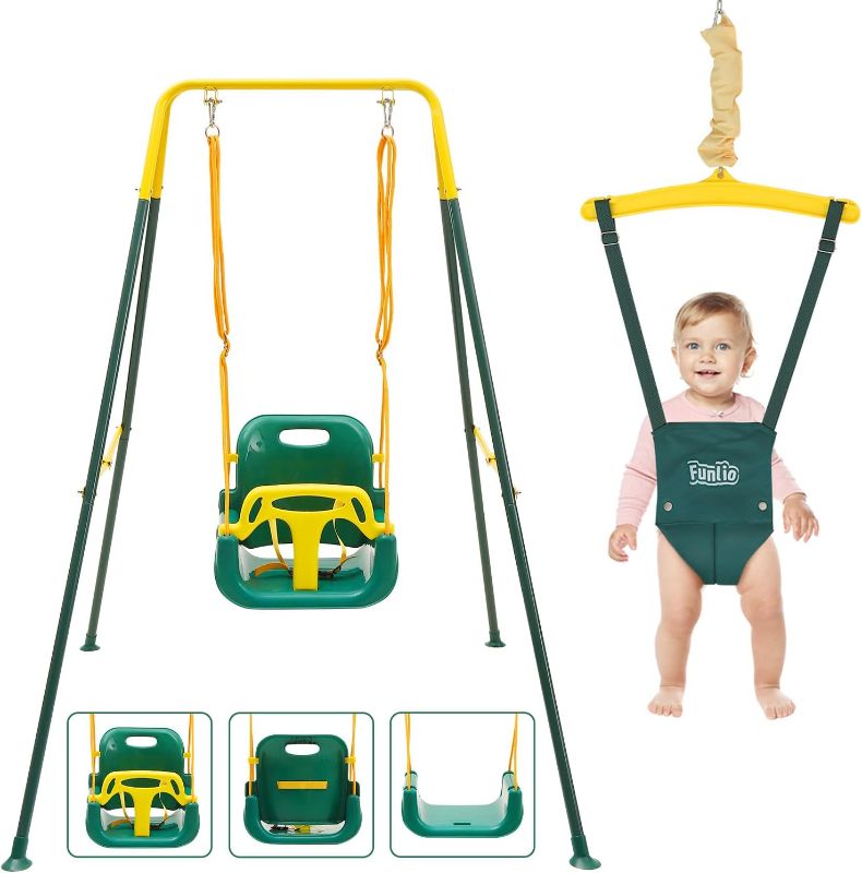 Photo 1 of FUNLIO 2 in 1 Swing Set for Toddler & Baby Jumper, Heavy Duty Kids Swing & Bouncer with 4 Sandbags, Foldable Metal Stand for Indoor/Outdoor Play, Easy to Assemble and Store - Green