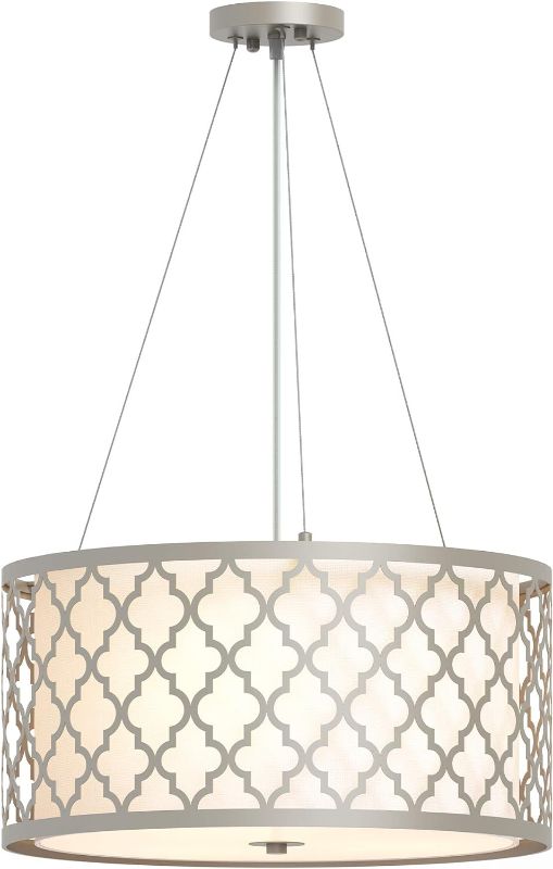 Photo 1 of 3-Light Modern Kitchen Island Drum Pendant Light with Platinum Metal Frame and White Fabric Shade, Bulb Not Included