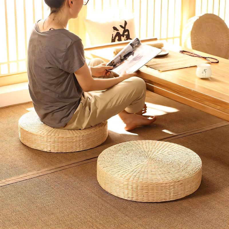 Photo 2 of 8 Tatami Floor Pillow Sitting Cushion, Japanese Style Handcrafted Eco-Friendly Padded Knitted Straw Flat Seat Cushion, Round Straw Weave Handmade Pillow for Floor