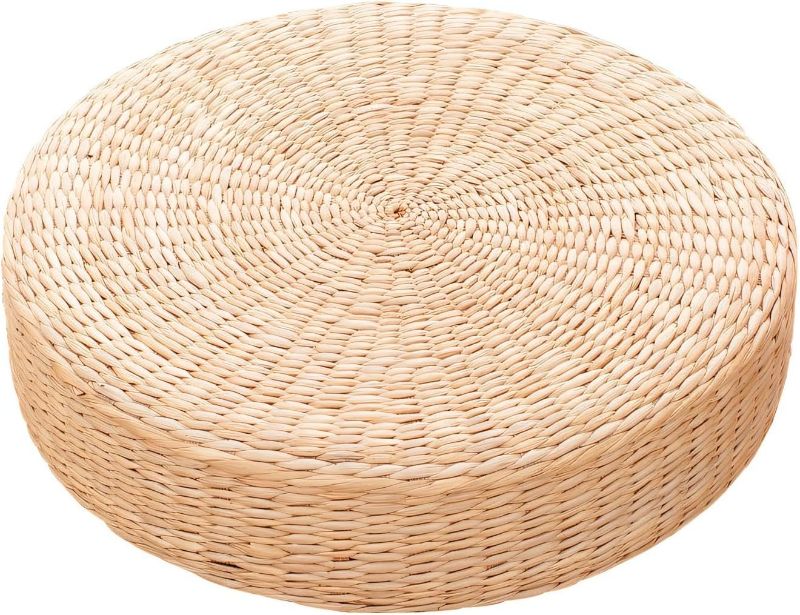 Photo 1 of 8 Tatami Floor Pillow Sitting Cushion, Japanese Style Handcrafted Eco-Friendly Padded Knitted Straw Flat Seat Cushion, Round Straw Weave Handmade Pillow for Floor