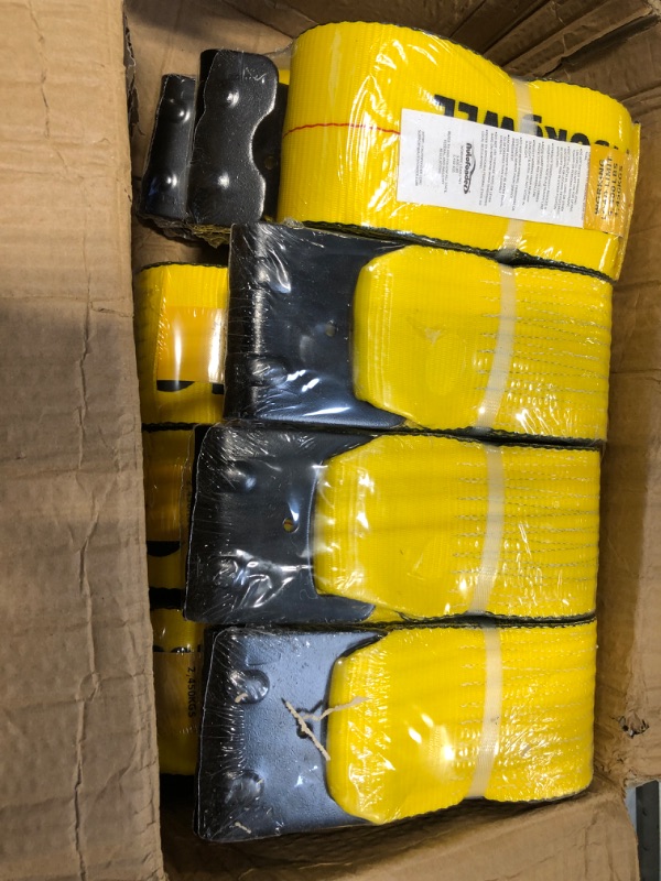 Photo 2 of 4" x30' Winch Straps with Flat Hook Flatbed Tie Downs Truck Straps 15400lbs Load Capacity Cargo Control for Flatbeds, Trucks, Trailers, Farms, Rescues, Tree Saver, Yellow (8Pack)