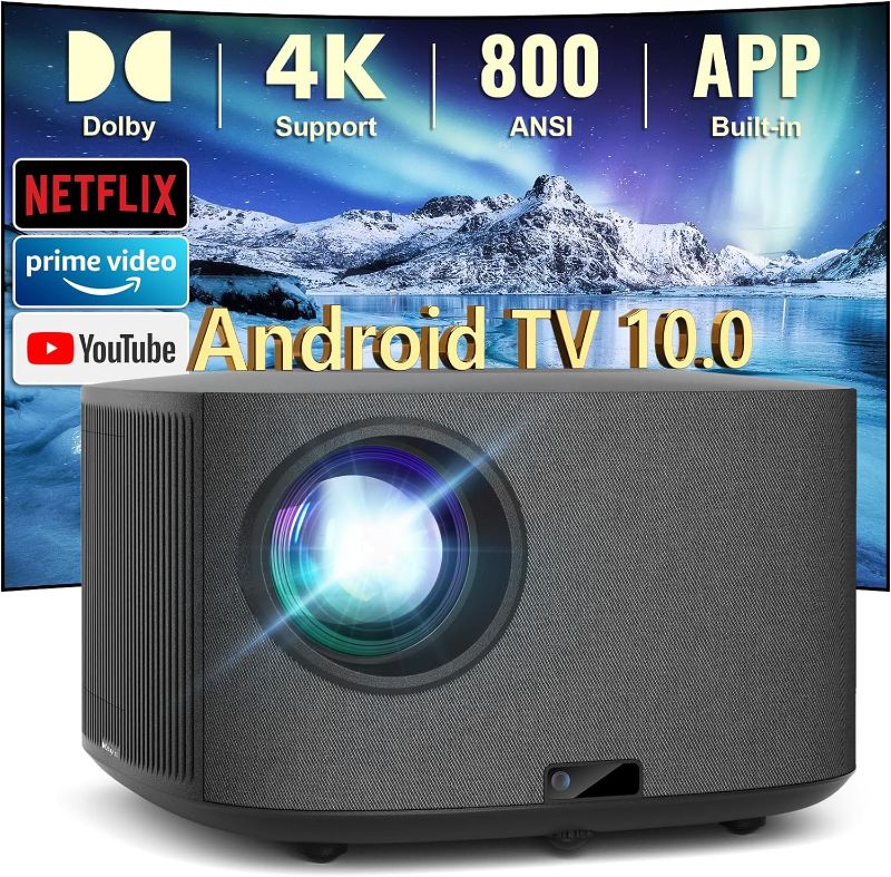 Photo 1 of HAPPRUN 4K Projector, [Auto Focus/Keystone] Android TV Projector with WiFi and Bluetooth, Netflix/YouTube/Prime Video Officially-Licensed, Native 1080P 800ANSI Movie Projector Dolby Audio Home Theater