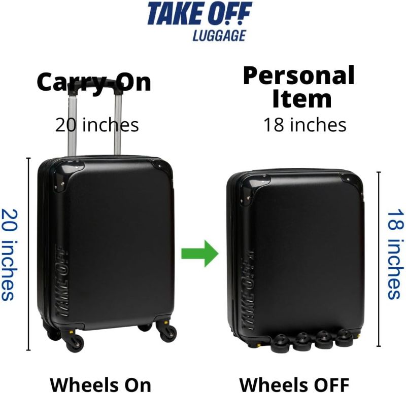 Photo 2 of Take OFF Luggage 18 Inch Personal Item Removable Wheels Suitcase 2.0 XL (Slightly Larger) Converts from Carry-On into Under the Seat Luggage and fits Sizers 18x14x8 Inches Black 18 Inch - 2.0 XL