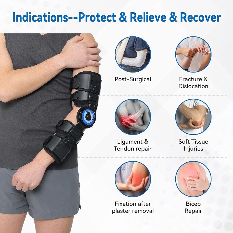 Photo 1 of Orthomen Hinged ROM Elbow Brace, Adjustable Post OP Elbow Brace Stabilizer Splint Arm Injury Recovery Support After Surgery