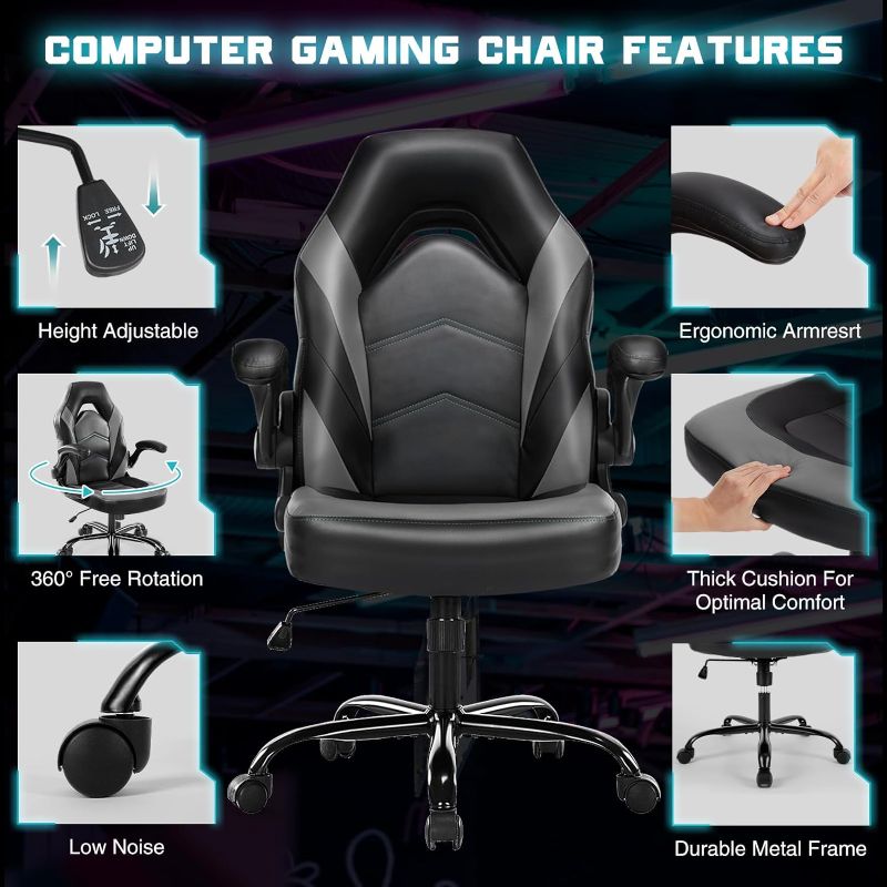 Photo 2 of Gaming Chair, Racing Style Bonded Leather Gamer Chair, Ergonomic Office Chair Computer Desk Executive Chair, with Adjustable Height and Flip-Up Arms, Gaming Chair for Adults Teens Kids Men Women